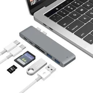 USB C Hub, 6-in-1 USB C Docking Station with 2* USB-C Thunderbolt 3 Ports, 2* USB 3.0 Ports,2* TF/SD Card Reader,Compatible with MacBook Pro 2018/2017/2016 13/15inch -Gray