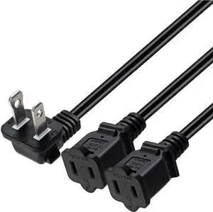 2ft(0.64m) 1-15P to Dual 1-15R Power Extension Cord Splitter US AC 2-Prong Polarized Power Cable 1 to 3 Outlet Adapter ETL Listed (90 Degree Angle)