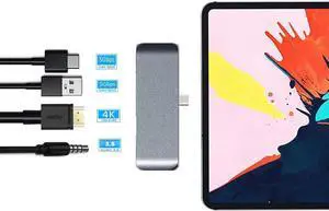 USB C Hub Adapter for iPad Pro Accessories 2018 12.9" 11", 4 in 1 Type C Dongle Docking Station with HDMI Converter, 3.5mm Headphone Jack, USB-C PD Charging, USB 3.0, Space Grey