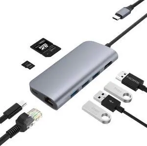 USB C Hub, 8 in 1 Multi-Port Type C Adapter Thunderbolt 3 with Type C Pd 2.0 Charging Port, HDMI Output, 3 USB 3.0 Ports, Gigabit Ethernet Port, SD/MicroSD Card Reader (Silver)