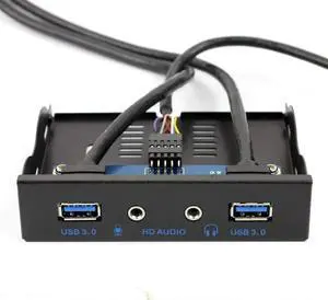 2Ports USB3.0 PC Front Panel Bracket 3.5 Floppy Bay 19Pin to USB 3.0 Hub HD Audio Earphone Mic Connector with Cable for Desktop (Black)