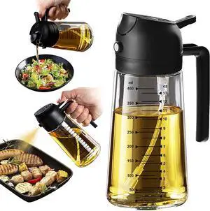 16oz/470ml Glass Olive Oil Sprayer for Cooking  2 in 1 Olive Oil Dispenser Bottle for Kitchen Gadgets and Air Fryer Accessories, Salad, BBQ - Black