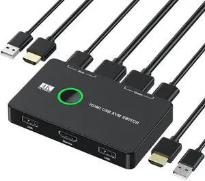 KVM Switch, USB and HDMI KVM Switches for 2 Computers Sharing Mouse Keyboard Printer to One HD Monitor, Supports 4K@60 Hz, 2 HDMI Cables and 2 USB Cables Included