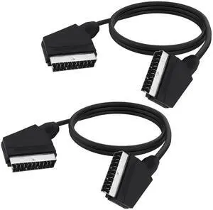 SCART to SCART Cable Lead Adapter Fully Wired 21 Pin Male to Male Nickel Plated Audio Video Connector Adapter Extension Cable for TV VCR DVD -1.5M/4.92FT -2pcs