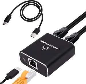 Ethernet Splitter 1 to 2 Gigabit RJ45 Ethernet Splitter 1000Mbps RJ45 Network Switch 8P8C LAN Internet Extender 1 in 2 Out Adapeter with USB Cable for Computer Hub Router