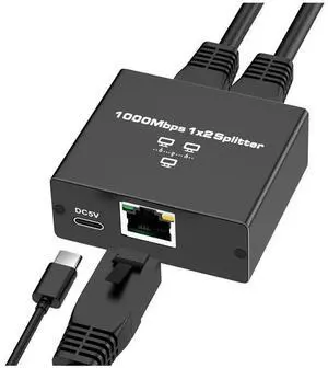 Ethernet Splitter 1 to 2 High Speed Ethernet Switch 1000Mbps 2 Port Gigabit Ethernet Splitter Splitter with Power Cord,1 * Ethernet splitter 1 * data cable,Black