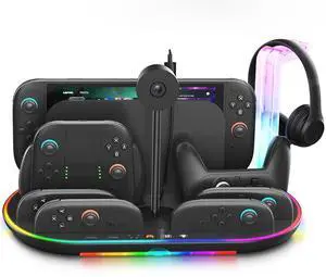 Charging Station for Switch 2 with Cooling Fan, Controller Charger for JoyCons and Pro Dock Stand with RGB Light 2 USB Ports 7 Game Card Slots LED Indicators(Black)