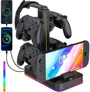 Prociv Multifunctional Charger Station for Switch 2, Controller Stand with RGB Light, Headphone Stand, and 3 USB-C Ports, Gaming Accessories, Black