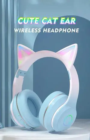 Gradient LED Glow Headphones with Cat Ear Design, Wireless B Gradient LED Glow Headphones with Cat Ear Design, Wireless B