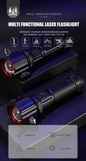 High Power Zoom LED Flashlight with USB Charging COB Safety
