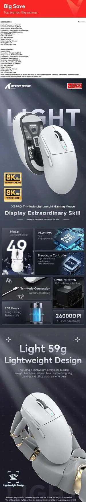 Attack Shark X3pro X3 Wireless Mouse, Macro Gaming Mouse,Lig