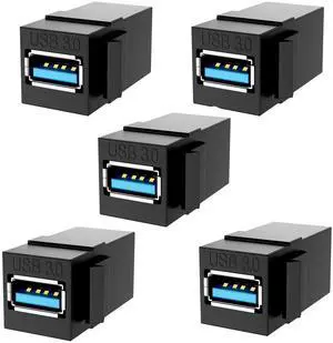 USB 3.0 Keystone Jack Inserts, 5pcs USB to USB Adapters Female to Female Connector ,Female Coupler Insert Snap-in Connector Socket Adapter Port for Wall Plate Outlet Panel (Black - 5 Pack)