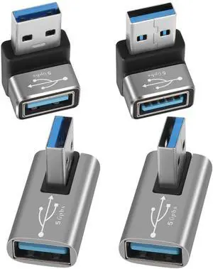 90 Degree USB 3.0 Adapter 4 Pack, Up and Down & Left and Right Right Angle USB A Male to Female Connector Converter USB L Shape Extender, Support Charge & Data Sync for PC, Laptop, Mouse, Keyboard