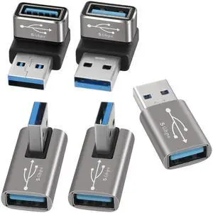 Angle USB 3.0 Adapter 5 Pack, Multiple Angles(UP/Down/Left/Right/Straight),USB A Male to Female Connector Converter USB L Shape Extender, Support Charge & Data Sync for PC, Laptop, Mouse, Keyboard