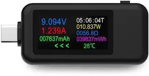 USB C Tester Voltmeter Power Voltage and Current Tester Meter 0-5.1A 4-30V USB Power Capacity, Temperature, Working Time Volt Ammeter Detector IPS Color Display LCD Power Charger Detector