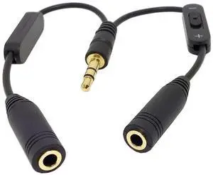 Black 3.5mm Stereo Male to Double 3.5mm Female Audio Headphone Y Splitter Cable with Volume Switch