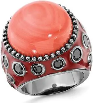 Red Enameled Sterling Silver With Synthetic Coral and Black Synthetic Cubic Zirconias Cocktail Ring with Cubic Zirconias (CZ)