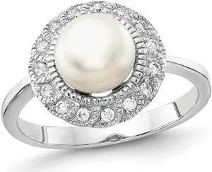Freshwater Cultured Pearl Ring in Sterling Silver with Synthetic Cubic Zirconia