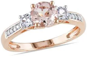 1.20 Carat (ctw) Morganite & Lab-Created White Sapphire Three Stone Ring with Diamonds in 10K Rose Pink Gold