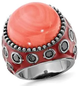 Red Enameled Sterling Silver With Synthetic Coral and Black Synthetic Cubic Zirconias Cocktail Ring with Cubic Zirconias (CZ)