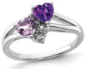 Amethyst and Pink Quartz Heart Promise Ring 4/5 Carat (ctw) in Sterling Silver
