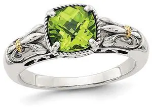 Natural Cushion Cut Peridot 1.50 Carat (ctw) Ring in Sterling Silver with 14K Gold Accent
