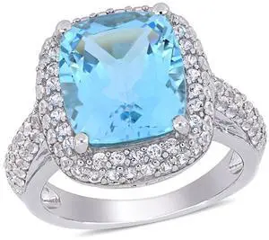 6.25 Carat (ctw) Cushion Cut Blue Topaz Ring with Lab Created White Topaz in Sterling Silver 6.25 Carat (ctw) Cushion Cut Blue Topaz Ring with Lab Created White Topaz in Sterling Silver
