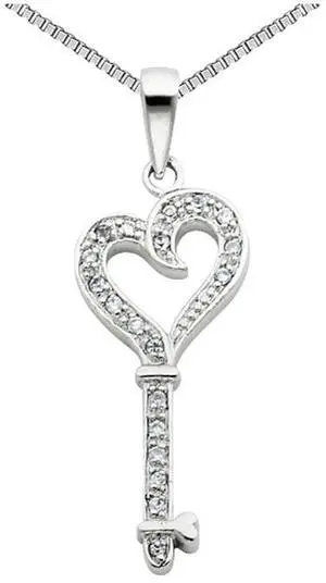 Synthetic Cubic Zirconia Heart and Key Pendant Necklace in Sterling Silver with Chain