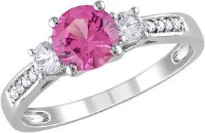 1.40 Carat (ctw) Lab-Created Pink and White Sapphire Three Stone Ring with Diamonds in 10k White Gold