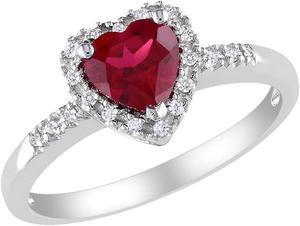 Lab-Created Ruby Heart Ring 1.10 Carat (ctw) with Diamonds in Sterling Silver