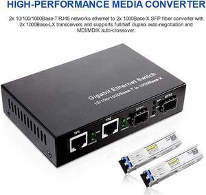 1G Gigabit Ethernet Converter, Dual SFP and Dual RJ45 Ports  with 2 Packs 1000Base-LX Gigabit SFP Transceiver Singlemode LC fiber