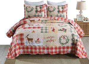 Ventray Christmas Quilt Set King - Reversible Bedspread Coverlet Snowflakes Deer Snowman Bedding Lightweight Bed Cover - Festive Holiday Bedding Gift for Kids Adults, 1 Quilt 2 Pillow Shams