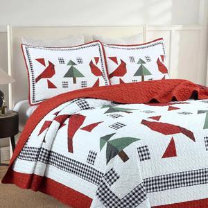 Ventray Christmas Quilt Set King - Reversible Bedspread Coverlet Winter Red Cardinals  Mailbox Bedding Lightweight Bed Cover - Holiday Bedding Gift for Kids Adults, 1 Quilt 2 Pillow Shams