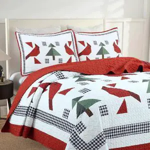 Ventray Christmas Quilt Set Queen - Reversible Bedspread Coverlet Winter Red Cardinals  Mailbox Bedding Lightweight Bed Cover - Holiday Bedding Gift for Kids Adults, 1 Quilt 2 Pillow Shams