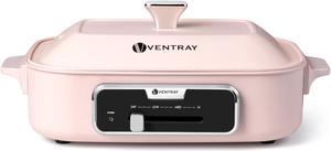 Ventray Classic 2.0 Indoor Electric Grill, Portable Korean BBQ Grill with Removable Griddle Plate, Lid, Nonstick Cooking Surface, Adjustable Temperature,1200W Powerful & Even Cooking (Pink)