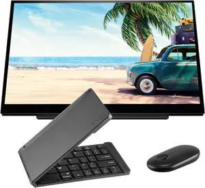 HP E14 FHD (1920 x 1080) Portable Travel Monitor Bundle with USB Type-C, Black Matte Bluetooth Folding Wireless Keyboard, and Black Pebble M355 Bluetooth Wireless Mouse