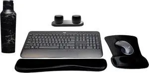 Logitech MK540 Advanced Wireless Keyboard & Mouse Combo Travel Home Office Modern Bundle with 2 Pro Portable Wireless Bluetooth Speakers, Charging Tray, Gel Wrist Pad, Gel Mouse Pad & 20 oz. Canteen