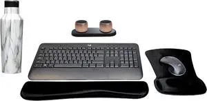 Logitech MK540 Advanced Wireless Keyboard & Mouse Combo Travel Home Office Modern Bundle with 2 Pro Portable Wireless Bluetooth Speakers, Charging Tray, Gel Wrist Pad, Gel Mouse Pad & 20oz Canteen