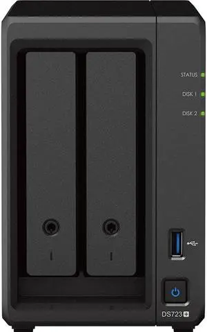 Synology DiskStation DS723+ NAS Server with Ryzen 2.6GHz CPU, 32GB Memory, 8TB HDD Storage, 1TB M.2 NVMe SSD, 2 x 1GbE LAN Ports, DSM Operating System