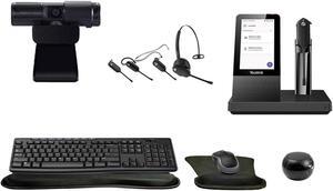Yealink WH67 Mono Bluetooth Headset with Multitouch Console Bundle with Cam 313 2MP Webcam, MK270 Wireless Keyboard and Mouse, Mini Speaker, Gel Wrist & Mouse Pad
