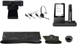 Yealink WH67 Mono Bluetooth Headset with Multitouch Console Bundle with Cam 313 2MP Webcam, MK270 Wireless Keyboard and Mouse, Mini Speaker, Gel Wrist & Mouse Pad, Pack of 4