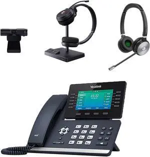 Yealink SIP-T54W IP Corded/Cordless, 4.3-Inch Color Display Desktop Phone Bundle with WH62 Dual Wireless Bluetooth Over Ear Headset, Cam 313 2MP Webcam for Office