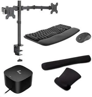 HP Thunderbolt G4 Dock 280W, 4K Support w/Combo Cable, HDMI, USB-C, DisplayPort and USB Hub Bundled with Desk Mount Dual Monitor Stand, MK670 Wireless Keyboard/Mouse set, Gel Mouse & Wrist Pad