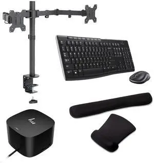 HP Thunderbolt G4 Dock 120W, 4K Support w/Thunderbolt Cable, HDMI, USB-C, DisplayPort and USB Hub Bundled with Desk Mount Dual Monitor Stand, MK270 Wireless Keyboard/Mouse set, Gel Mouse & Wrist Pad