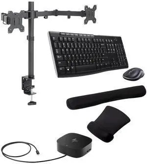 HP USB-C G5 Dock 100W, Three 4K Displays Supported For Business, HDMI, DisplayPort and USB Hub Bundled with Desk Mount Dual Monitor Stand, MK270 Wireless Keyboard/Mouse set, Gel Mouse & Wrist Pad