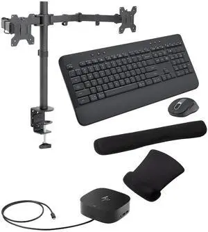 HP USB-C G5 Dock 100W, Three 4K Displays Supported For Business, HDMI, DisplayPort and USB Hub Bundled with Desk Mount Dual Monitor Stand, MK650 Wireless Keyboard/Mouse set, Gel Mouse & Wrist Pad