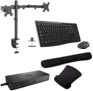 Dell WD19S USB-C Workstation Dock 130W 4K Support, HDMI, USB Hub and Ethernet Bundled With Desk Mount Dual Monitor Stand, MK270 Wireless Keyboard & Mouse, Gel Mouse & Wrist Pad