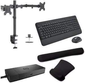 Dell WD19S USB-C Workstation Dock 130W 4K Support, HDMI, DisplayPort, USB Hub and Ethernet Bundled with Desk Mount Dual Monitor Stand, MK650 Wireless Keyboard & Mouse, Gel Mouse & Wrist Pad