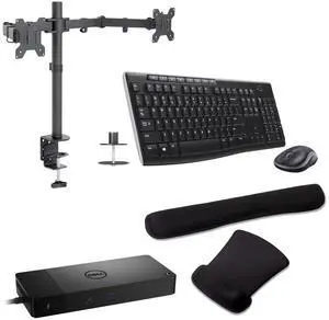 Dell WD22TB4 Thunderbolt Dock Workstation 130W Quad 4K Support, HDMI, USB-C, DisplayPort & USB Hub Bundle With Desk Mount Dual Monitor Stand, MK270 Wireless Keyboard & Mouse, Gel Mouse & Wrist Pad