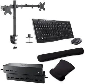Dell UD22 Universal Dock 96W Quad 4K Support, HDMI, USB-C, DisplayPort and USB Hub Bundled with Desk Mount Dual Monitor Stand, MK270 Wireless Keyboard & Mouse, Gel Mouse & Wrist Pad